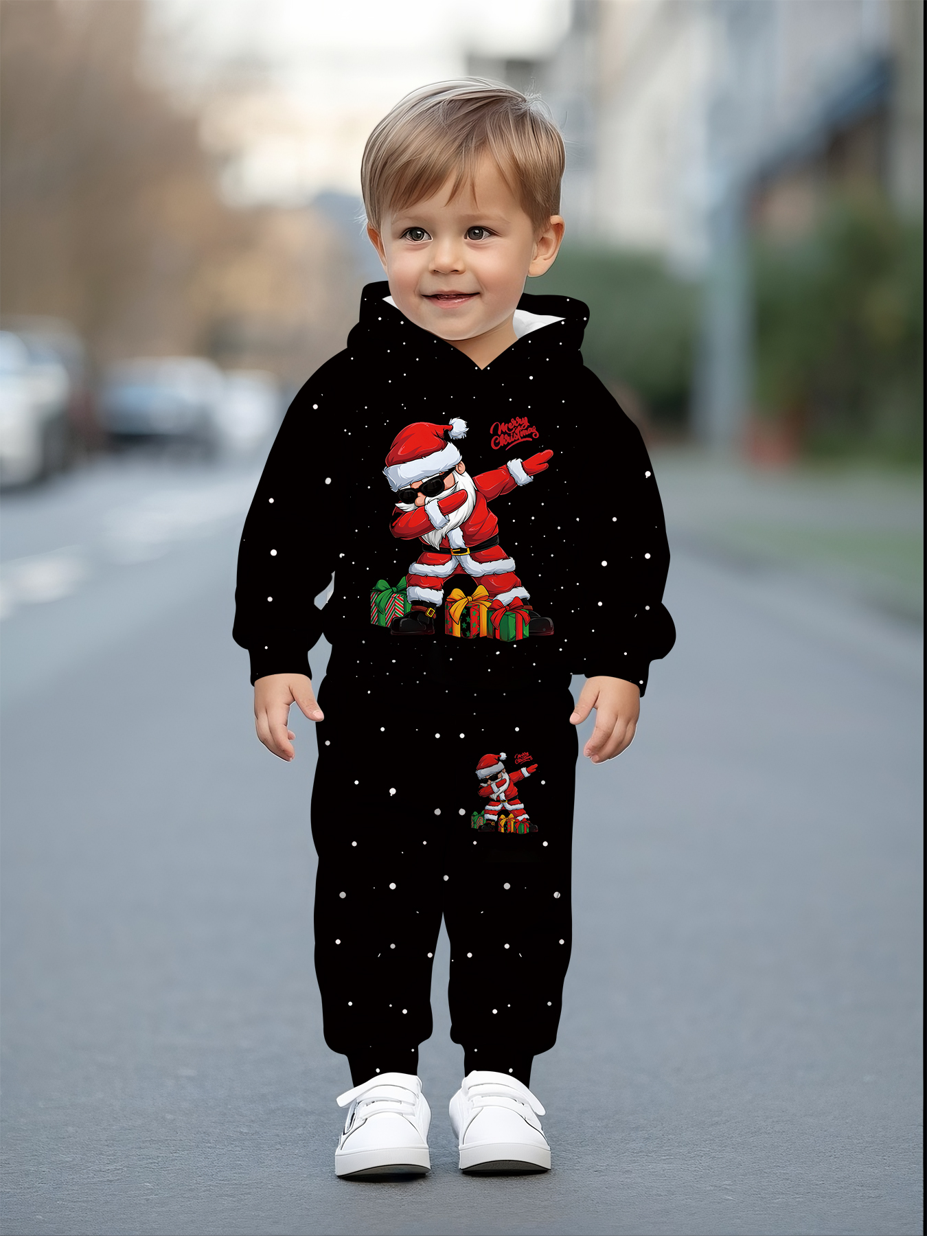 Kersthoodieset voor Jongens en Meisjes, Modebril met Kerstman en Sneeuwvlok Patroon Ontwerp, Lente/Herfst Buitensport Casual Comfortabele Outfit, Perfect voor Buiten