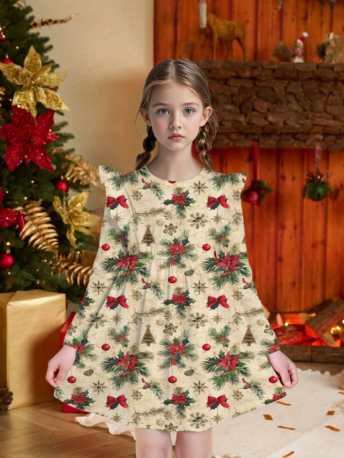 Girls' Christmas Party Dress with Red Poinsettias Flared *-Length  Machine-Washable Long Sleeve Dress for Birthday, Halloween, Casual Attire 