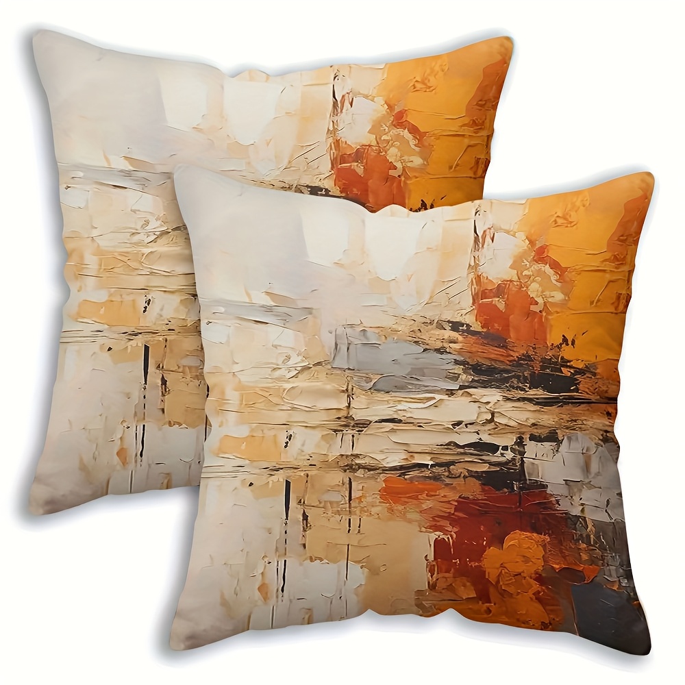 TEMU Ensemble de 2 housses de coussin modernes et abstraites en peluche orange et grise - Housses douces et courtes avec fermeture éclair, au design