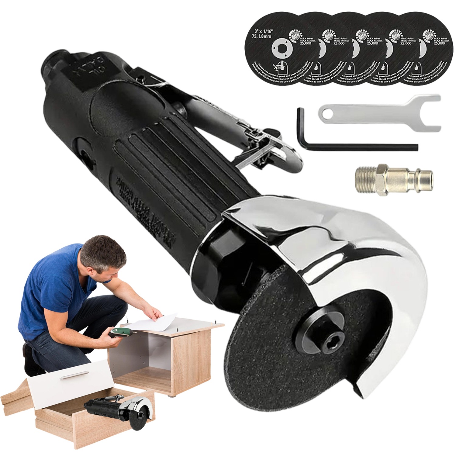 Image of Cutting Tool Kit, Includes 6 X 3-inch Cutting Wheels, 2 Wrenches & 1/4" Npt Connector, For Metal Plastic Tile Cutting, Safety Guard Switch For Garage Workshop Diy