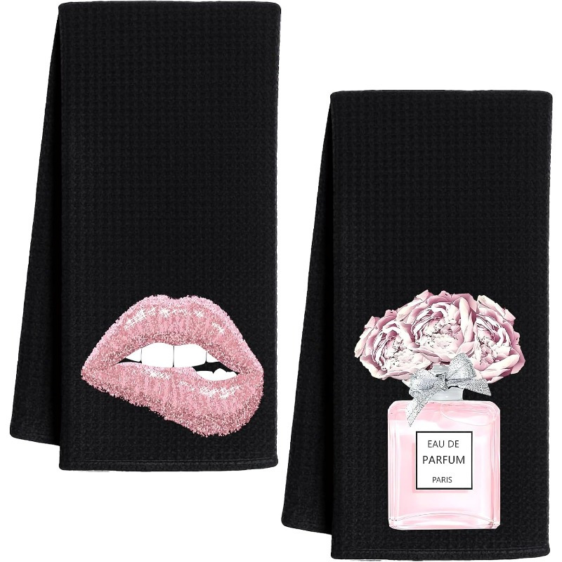 TEMU 2pcs 18*26inch Pink And Black Bathroom Decor, Aesthetic For Girls Bathroom Dormitory Spa Decor, Black And Pink Bathroom Kitchen Tea Towels