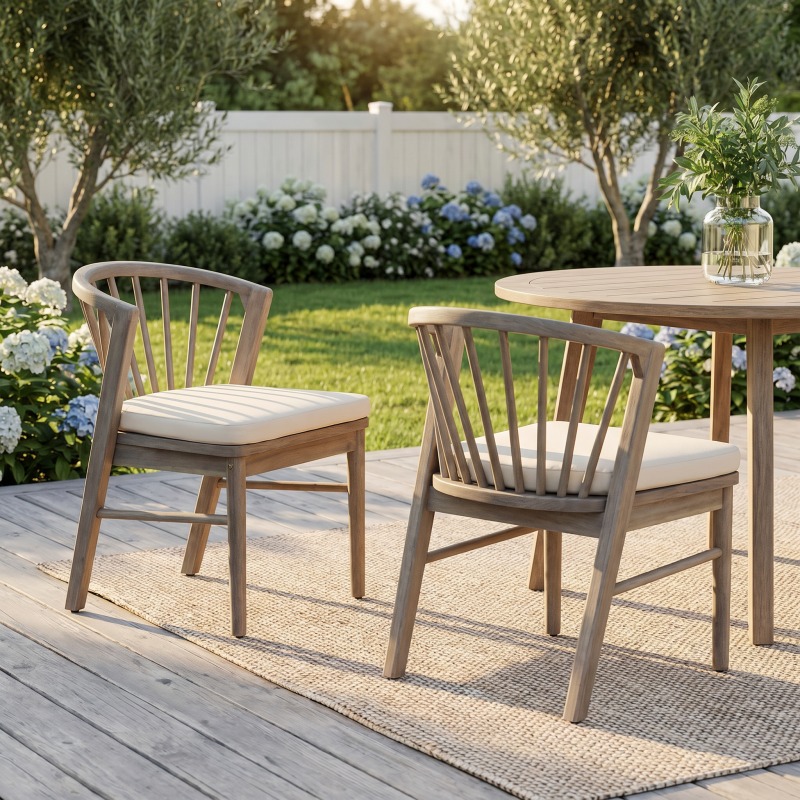 Outdoor Dining Chairs Set of 2, Acacia Wood Patio Chairs with Cream Washable Cushion, for Backyard, Poolside, Garden, Light White