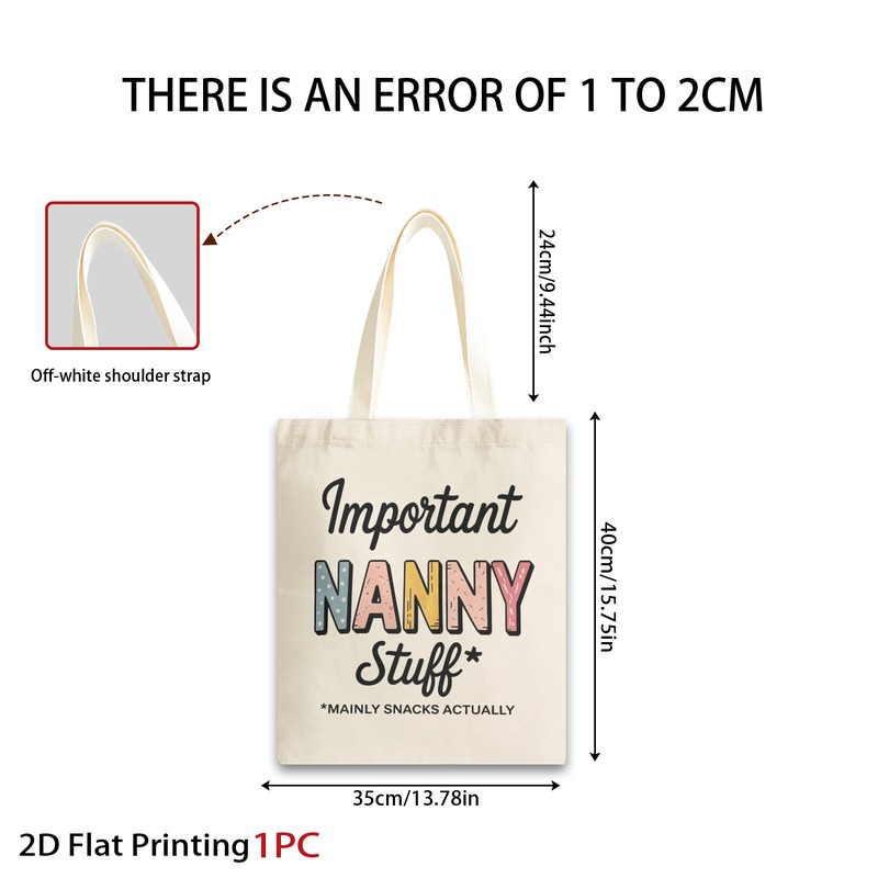 TEMU 1pc Double-sided Printing Handbag - Unisex 2d Flat Print "important Nanny Stuff" Fun Text Pattern - Foldable, Women's Reusable Grocery Bag, And