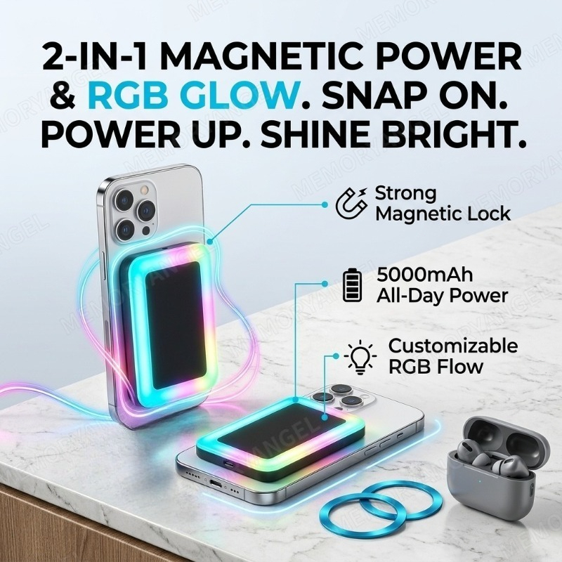 TEMU Rgb Ambient Led Fill Light, 5000mah Magnetic Wireless Portable Charger, Strong Magnetic Power Bank, 2-in-1 Light And Charge, Slim External