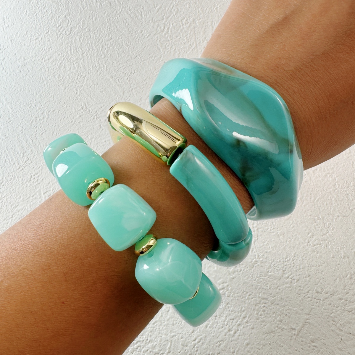 TEMU 2d Flat - 3pcs Retro Lake Green Irregular Resin Open Bangle Acrylic Trapezoidal Flat Round Bead Splicing Elastic Bracelet With Bent Bracelet Set
