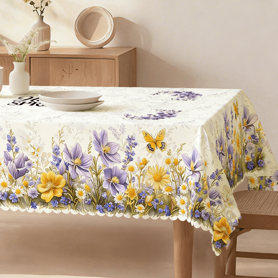 TEMU 2d Flat Tablecloth, Spring Tablecloth, White And Yellow Decoration, Butterflies, Flowers And Green Leaves, Country Style, European Style Home