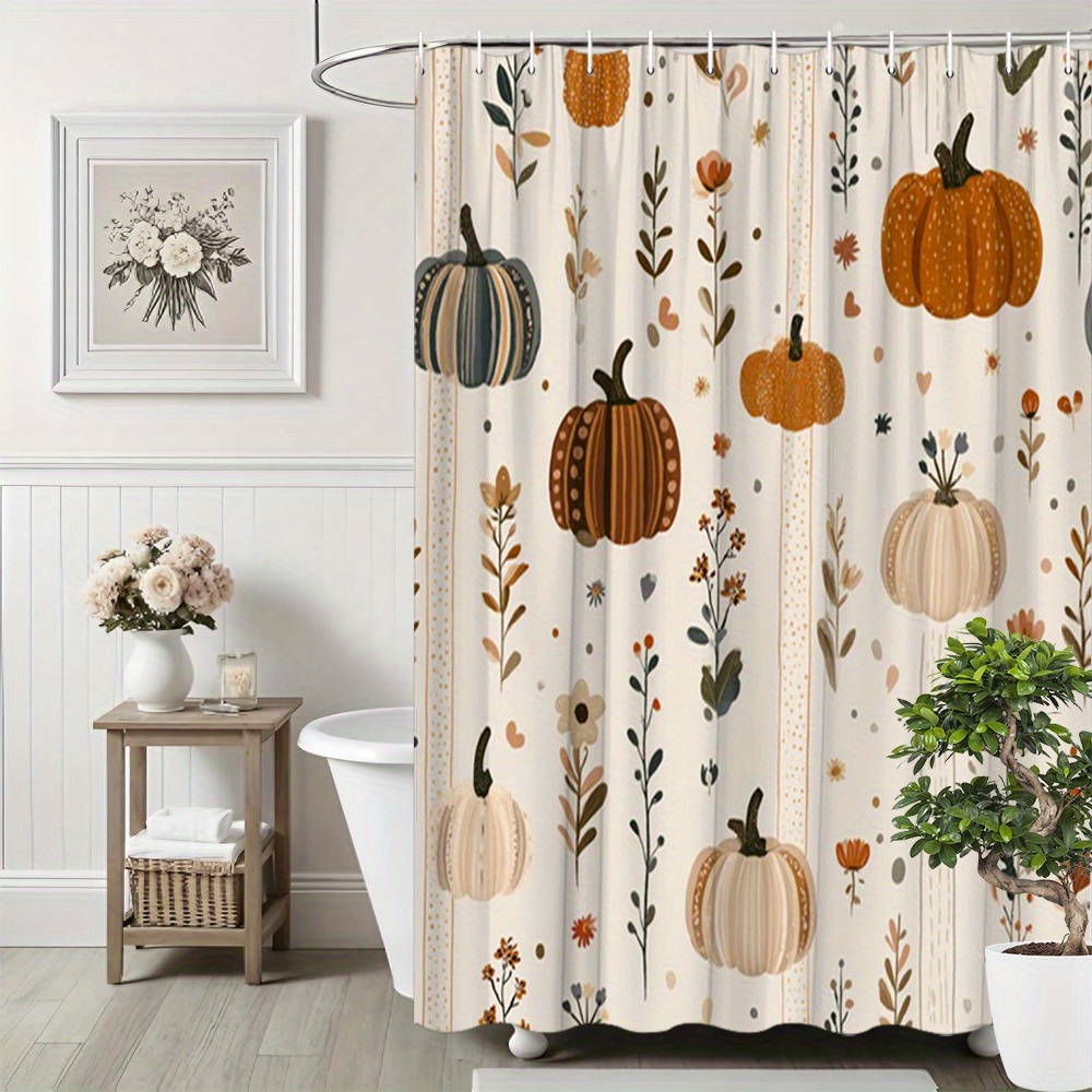 TEMU 1pc Autumn-themed Pumpkin Shower Curtain Featuring A , Perfect For Farmhouse-style Bathrooms. Made From Polyester Fabric, This Bath Hanging Curtain Set Measures By Inches And Includes 12 Hooks