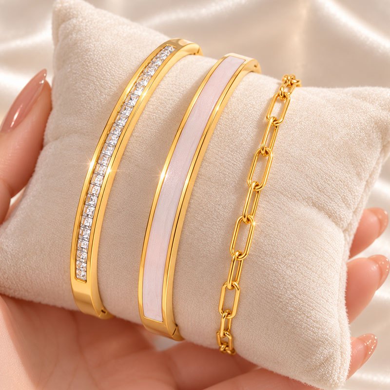 3pcs Gold-Tone Bracelet Set with Sparkling Stone