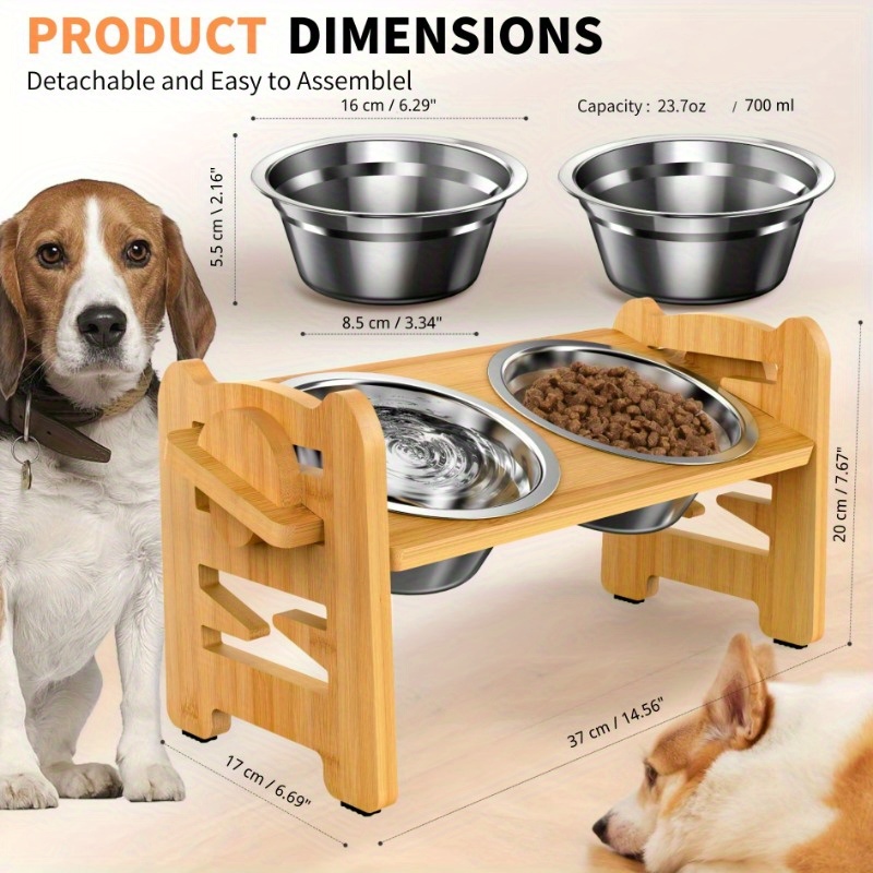 TEMU [bamboo Construction] Ergonomic Adjustable Height Feeder For Small - Tilted Design With 2 Stainless Steel Bowls, Neck-friendly Raised Feeding Station, Ideal For , Corgis, & Siamese Cats