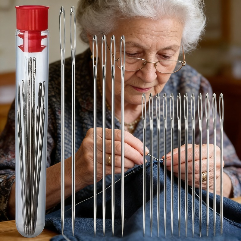 18 kom Multifunkcionalni Set Igala sa Velikim Očima, Igle za Ručno Šivenje Kod Kuće, Specijalne Igle sa Velikom Rupom za Šivenje za Starije Osobe, Fine Igle za Vez sa Velikom Rupom - Igle za Šavove, Osnovni Set Alata za Kuću, Popravku Odeće na Otvorenom i Zanate