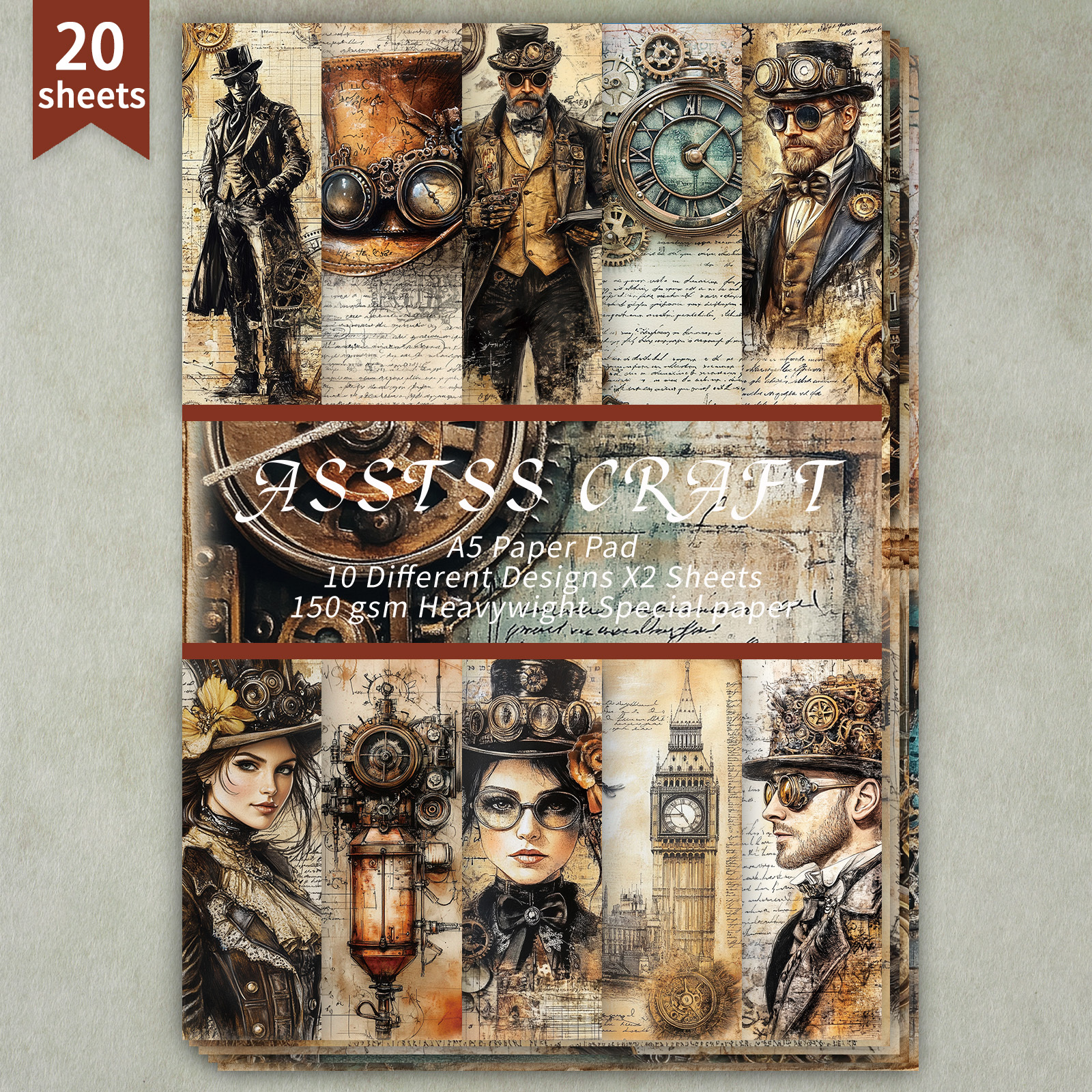 TEMU Asstss 20-sheet Handmade Vintage Steampunk Paper - A5 Craft Paper Suitable For Junk Journals, Scrapbooking, Diy Magazines, Card Making & Paper