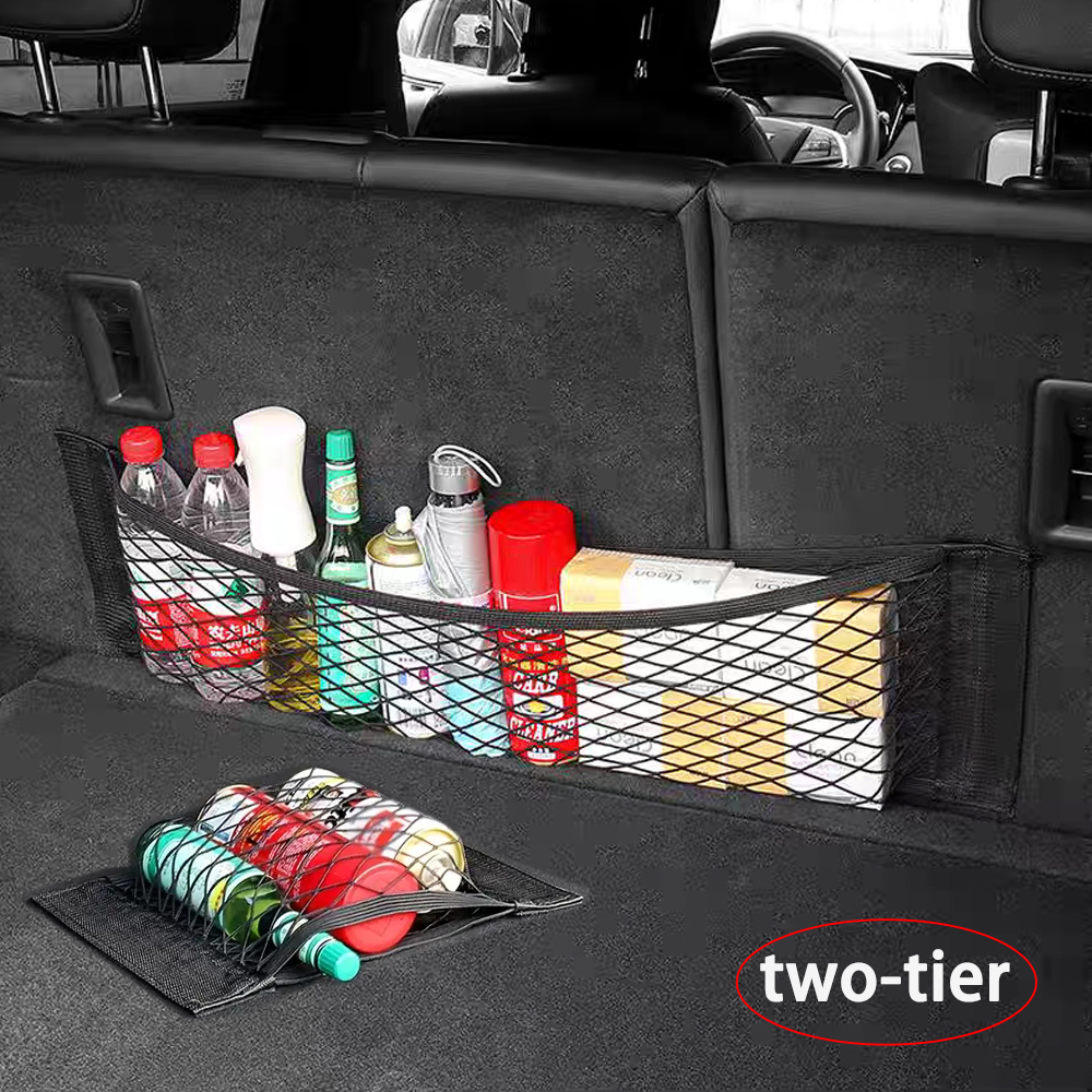 upgrade car organizer for seat back elastic mesh storage bag with large pockets car trunk organizer net for storage organization universal   accessories two tier suitable for storing suitcases groceries and receipts
