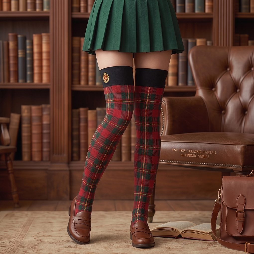 TEMU Red And Green Tartan Thigh-high Socks - British Preppy Over-knee Socks With Detail, Classic Stockings For Outfits, Christmas & Cosplay