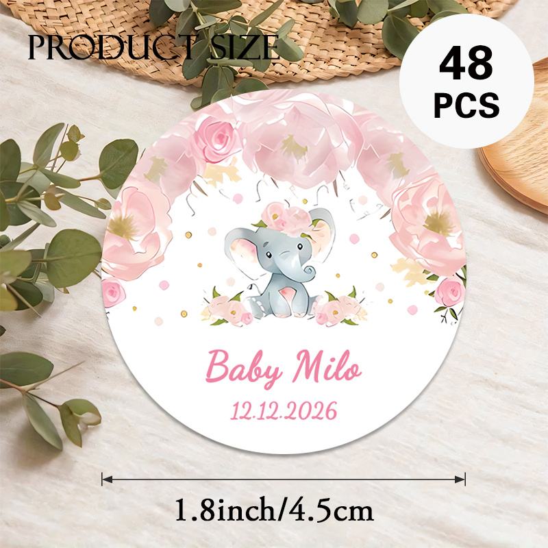 TEMU Adesivi rotondi personalizzati per baby shower, disponibili in set da 48 o 96, con un affascinante design rosa con un elefante. per etichettare