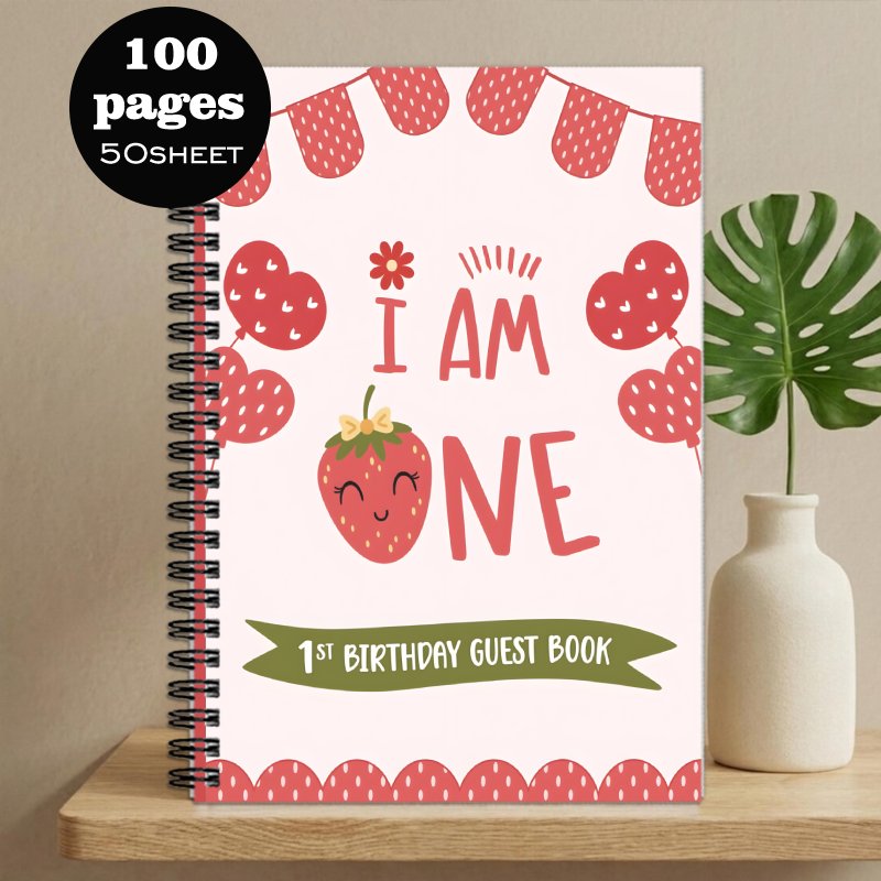 TEMU 1pc 1st Birthday Guestbook & Album - Strawberry-themed Book With Signing Pages, Cute For Event For Showers, Gender Reveals, Ideal Gift Suitable