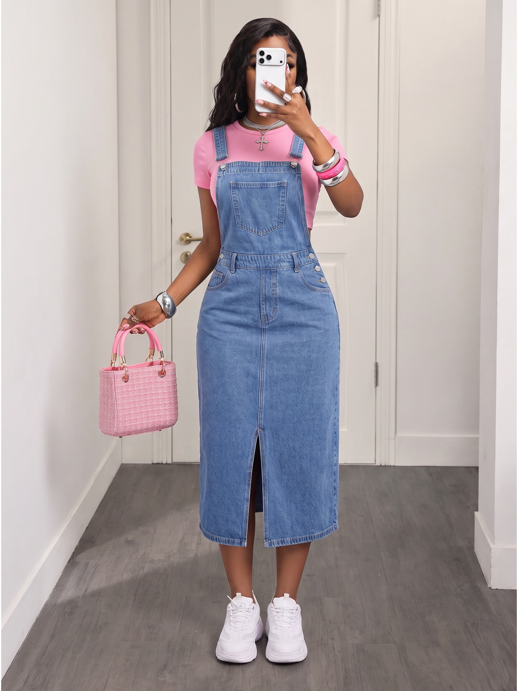 knee length denim overall dress sold on Temu United States
