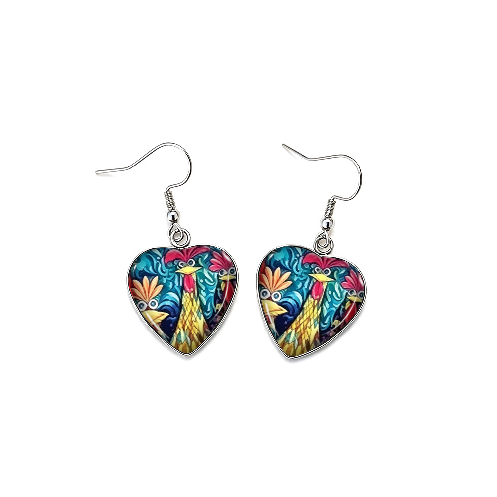 Rooster Pattern Heart-Shaped Earrings with Time Gem Glass Pendants