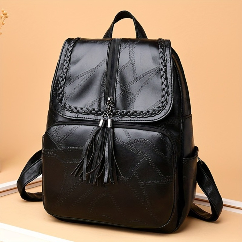 

Stylish Black Backpack For Women With Tassel Detail - Lightweight, Waterproof, Adjustable Straps, Multiple Compartments, Quilted Design, Travel & Use