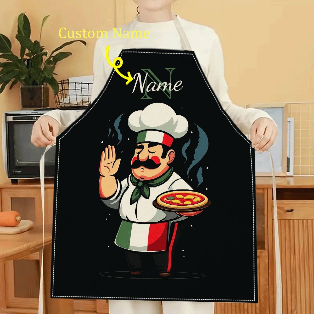 TEMU 1 tablier en lin "" avec nom personnalisé, imprimé 2D plat, pour à domicile, et les passionnés de cuisine