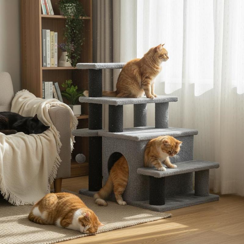 Cat Tree, Pet Staircase, , Play Ball, House, Adjustable Height, Black And Gray, 60x40x66cm
