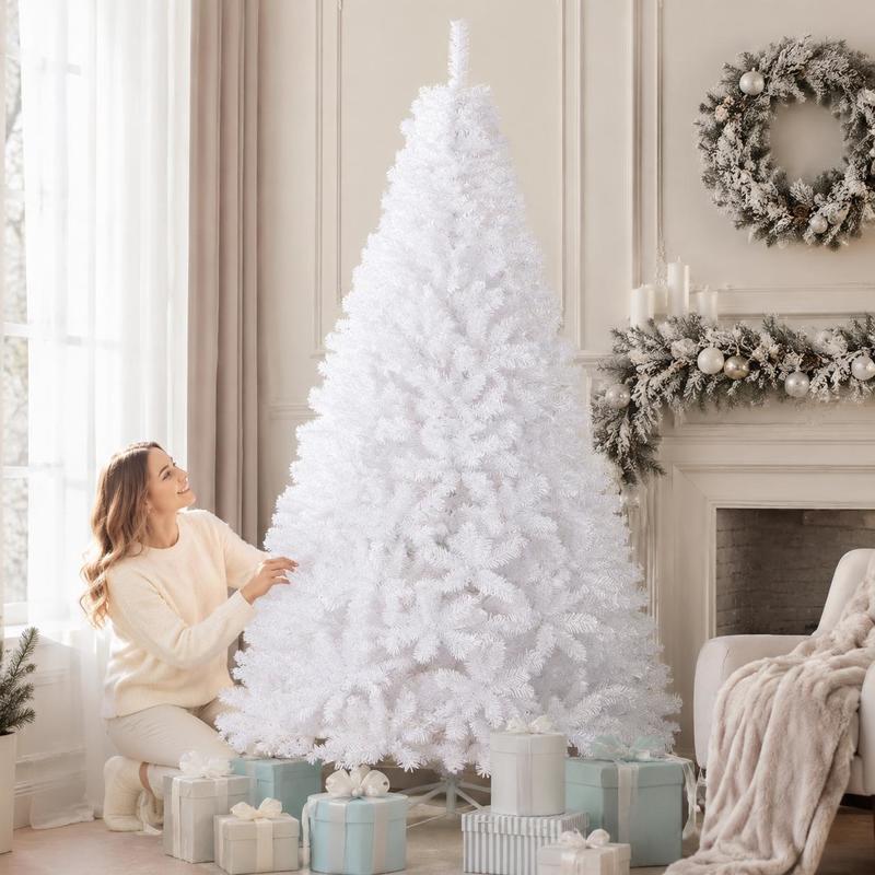 Image of 7ft Artificial Christmas Tree, Pvc Pine Needle Style, White, Metal Stand, Indoor Outdoor Holiday Decor For Home, Party, Office