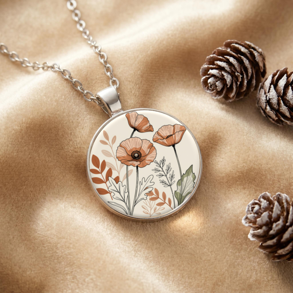 Unisex Round Glass Alloy Floral Pendant Necklace
