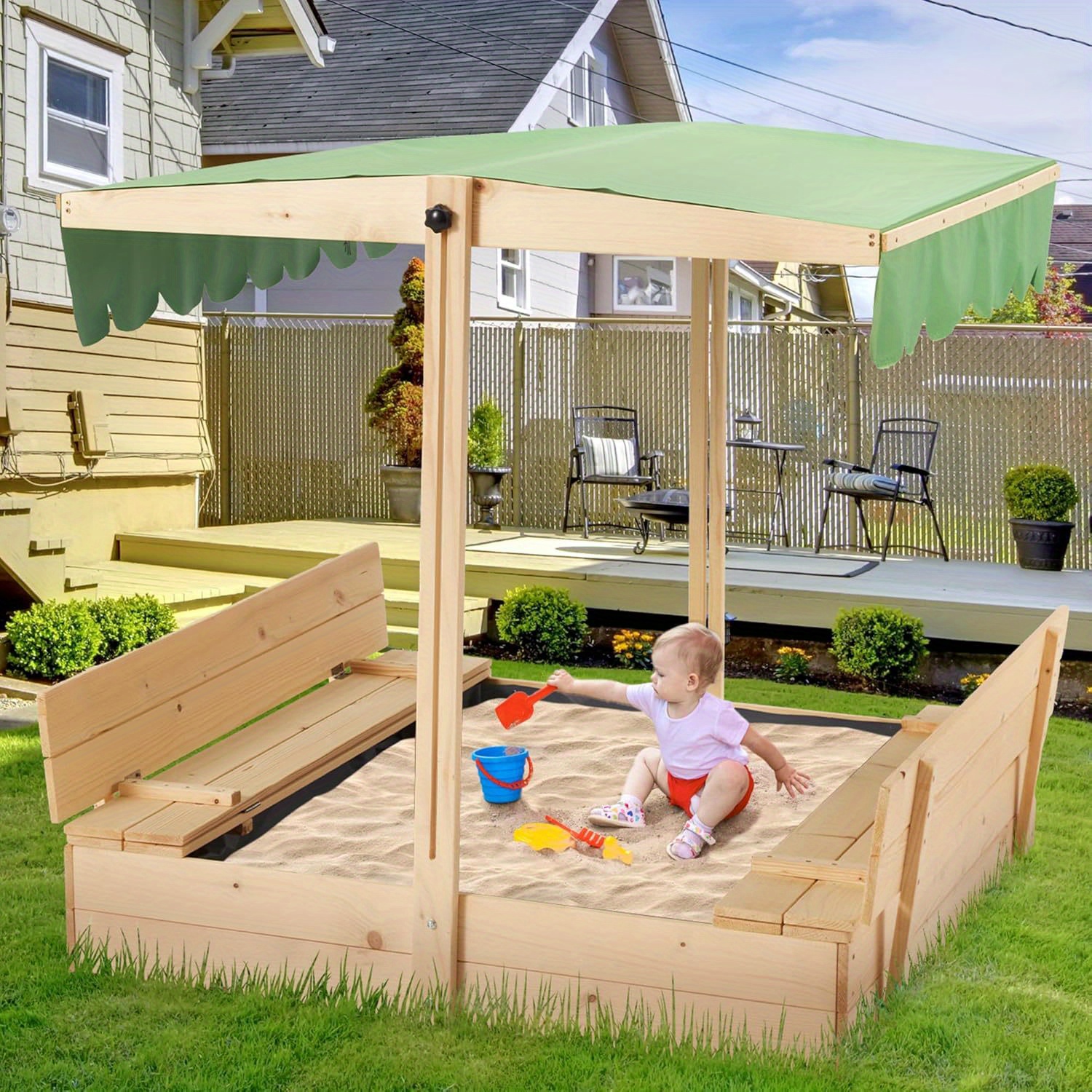 Sandbox with Lid, Kids Sandbox with Cover Outdoor, Wooden Sand Box with 2 Foldable Bench Seats, Adjustable UV-Resistant Roof & Bottom Liner, Sand Box for Kids Ages 2-8, Perfect for Backyard, Beach