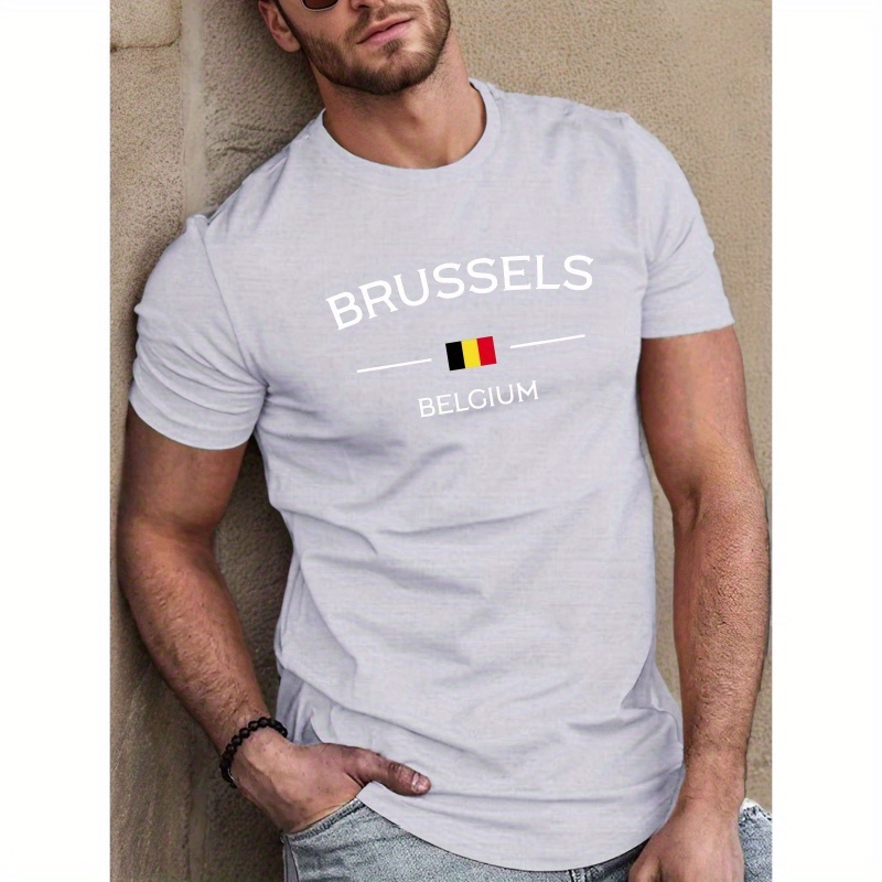 

Cool , Belgium Brussels Geometric Print Men's T-shirt - Casual Short Sleeve, Breathable Polyester, Machine Washable - Summer