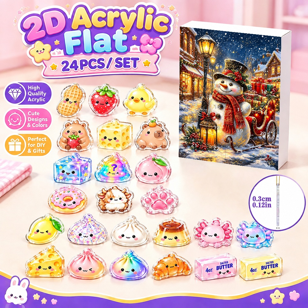 TEMU Calendrier de l'Avent 24 jours Noël de Neige Plat 2D, Ornements Suspendus en Acrylique, Ensemble de Breloques Plat 2D Kawaii Alimentaire et