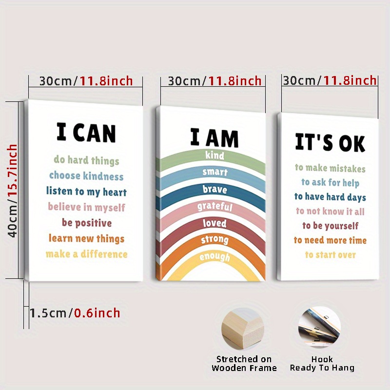 TEMU Framed, 3pcs Childrens Affirmation Canvas Wall Art, Rainbow Kindergarten Positive Affirmation Inspirational Quotes Childrens Painting Pictures