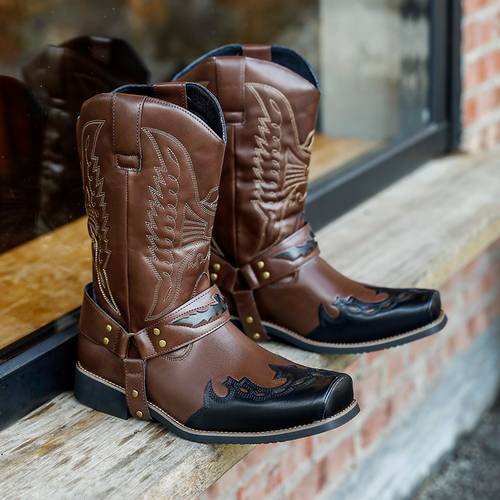 item picture mens british style embroidered long boots fashionable color block square toe zip up mongolian boots versatile knight boots and outdoor denim boots