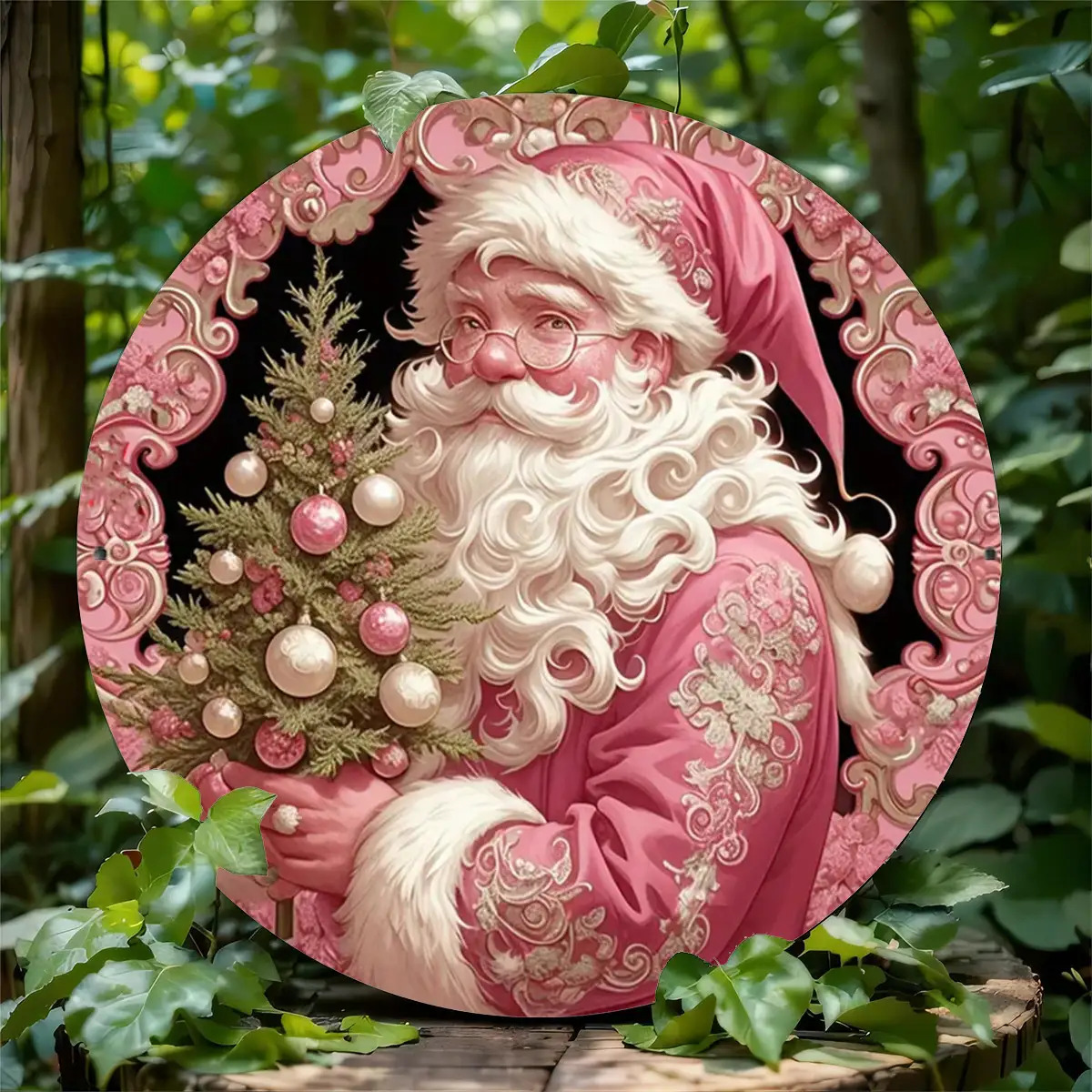 TEMU 1pc & Christmas Tree Metal Wall Art - Vintage 8-inch Round Iron Hanging Sign With Golden Ornamentation, Pink & Golden Santa, White Beige For