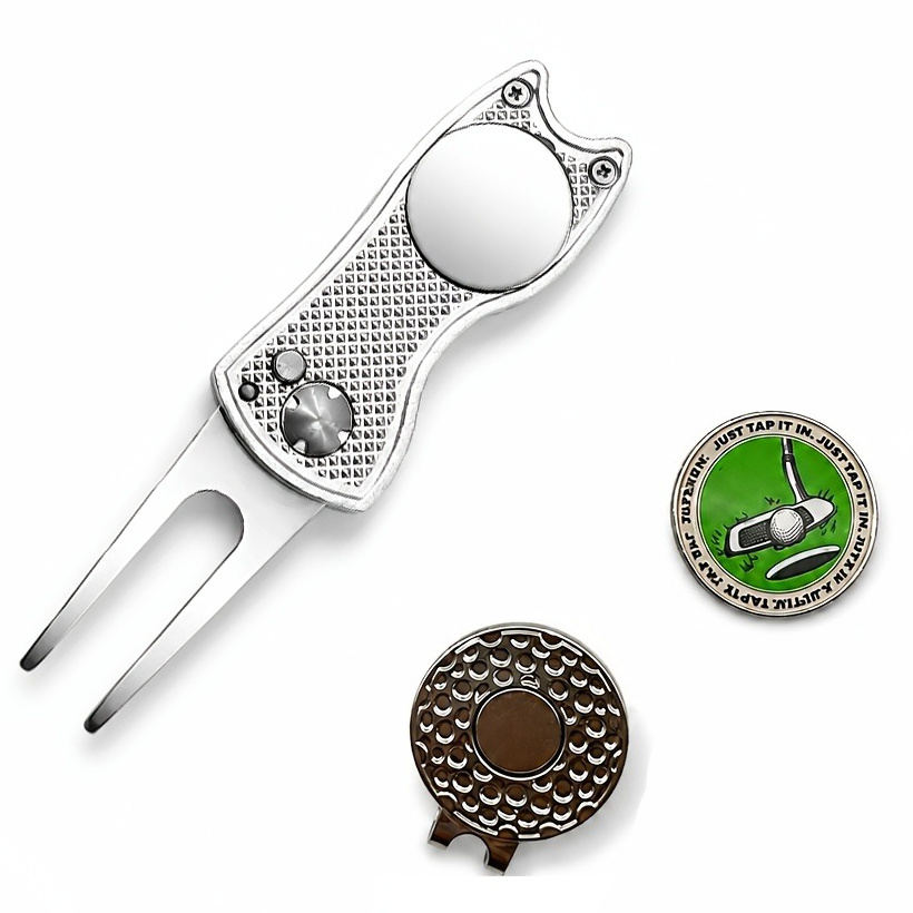 TEMU Multifunctional Golf , High-quality Golf Tool, Aluminum Alloy Handle With Stainless Steel Fork, With Magnetic Golf Ball Markers, Practical And