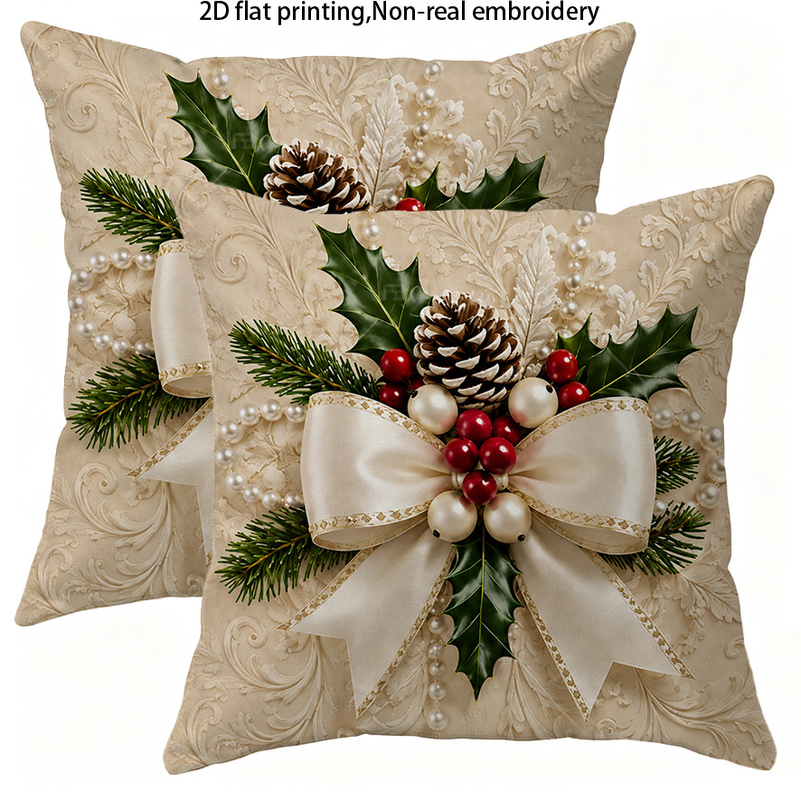 TEMU 2d 2pcs Set Satin Ribbon Bow Pillowcases, Single-sided Print, Featuring An Apricot Embossed Arabesque Scroll Pattern Base With Satin Bows,