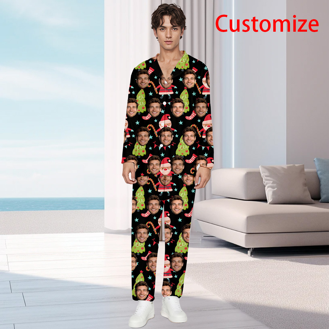 

Custom 3d Photo Men's Pajama Set - Comfy Long Sleeve Lapel Top & Loose-fit Pants, Casual Sleepwear For All