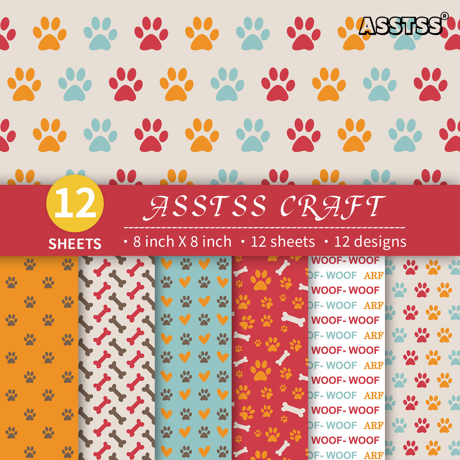 TEMU 12-sheet Asstss Heavyweight Scrapbooking Paper Pad Suitable For Journaling, Collage Art & Crafts - 8"x8" Dog-themed Cardstock Paws, Bones, Bone