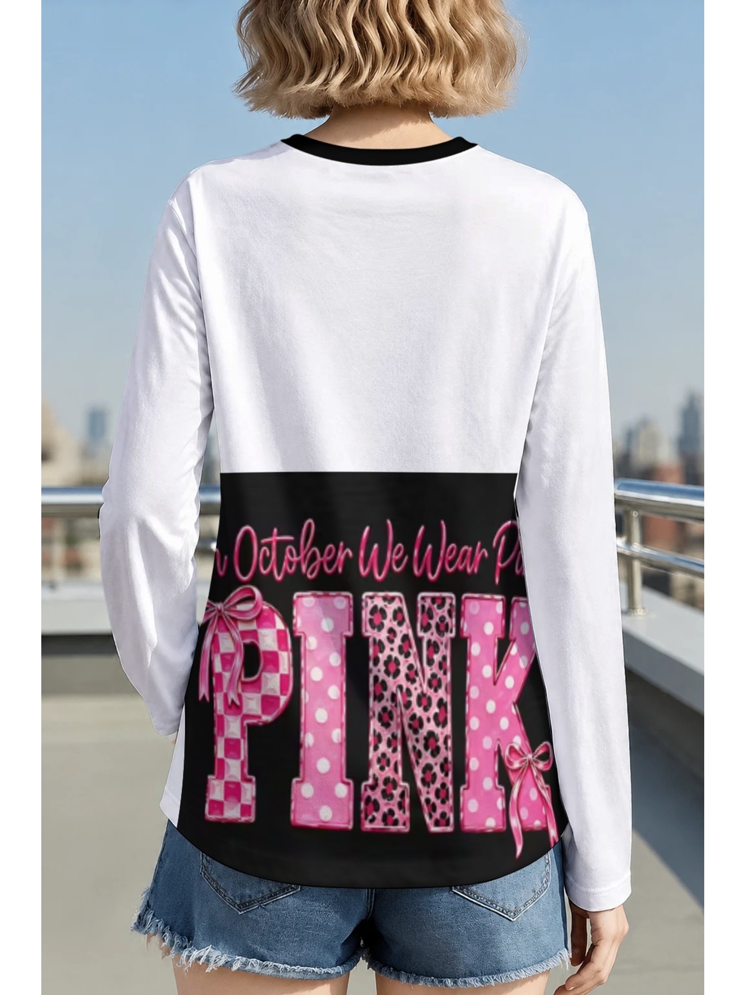 womens in october   pink plaid leopard bow t shirt crew neck long sleeve compatible base for brand designs machine washable casual fall winter top suitable for breast awareness month outfits