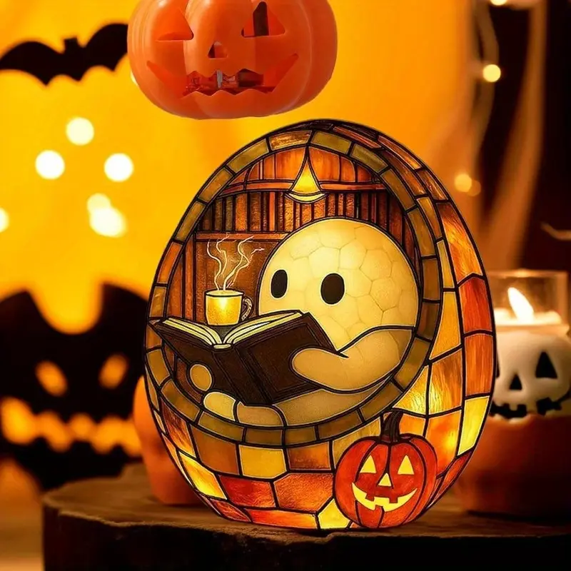 cute reading bubble night light halloween decoration with book lantern battery free tabletop shelf fireplace decor spooky for home parties gifts durable resin construction indoor outdoor use halloween party centerpiece or year round decoration shelf accent piece design detailed sculpture decorative lamp Product details 8