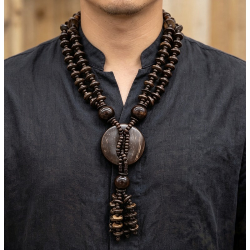 TEMU Vintage Coffee-colored Wooden Beads, Hollowed-out Pendant Long Necklace, Personalized Style Beach Style, Suitable For , Jewelry That By Men And