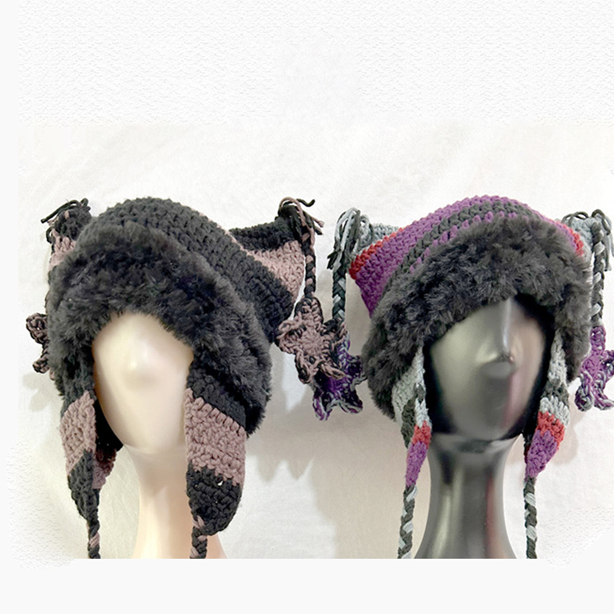 Faux Fur Hat with Velvet Lining Adjustable Strap Warm Knit Slouchy Beanie women s winter warm faux fur cat beanie earflap slouchy knit  main image 4