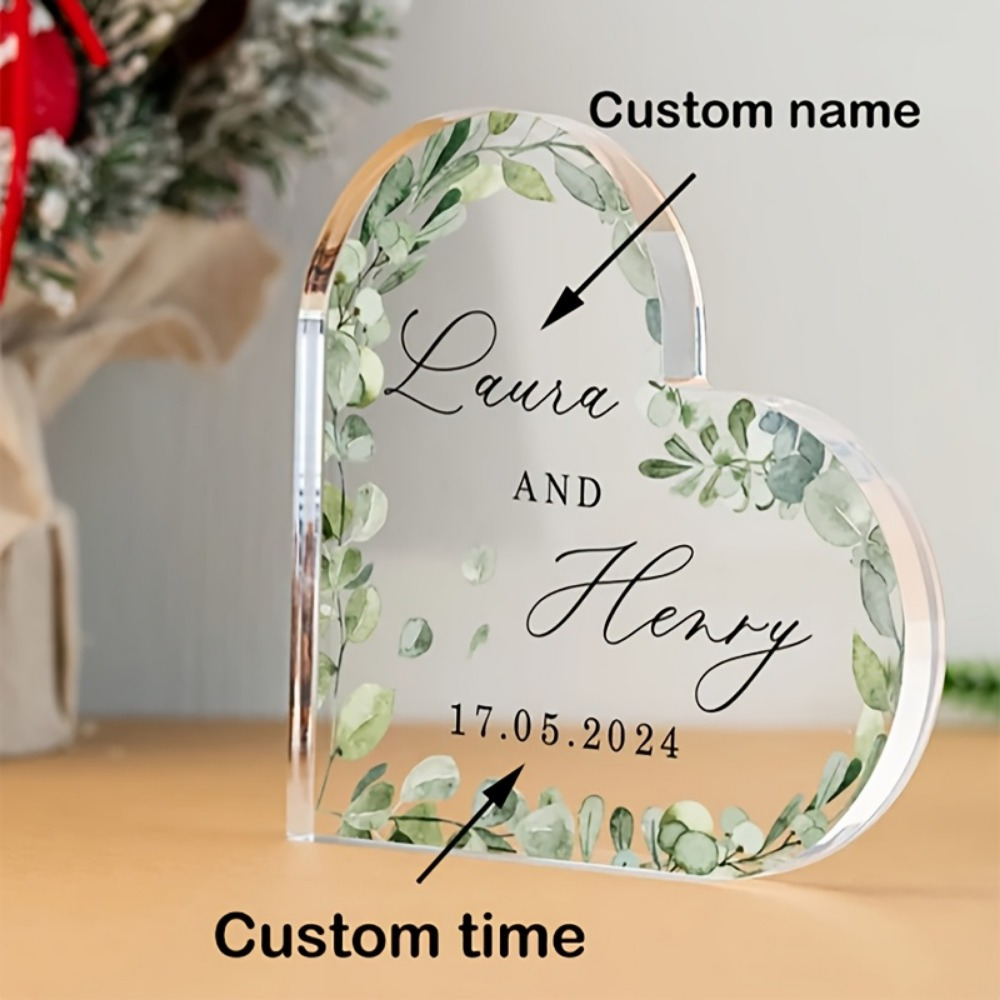 E-shop Einzigartige 2D-Flach-Acryl-Display-Tafel - Persönlicher Name & , Elegantes Jubiläums- & Hochzeitsgeschenk, mit grünem Blattmuster, Keine