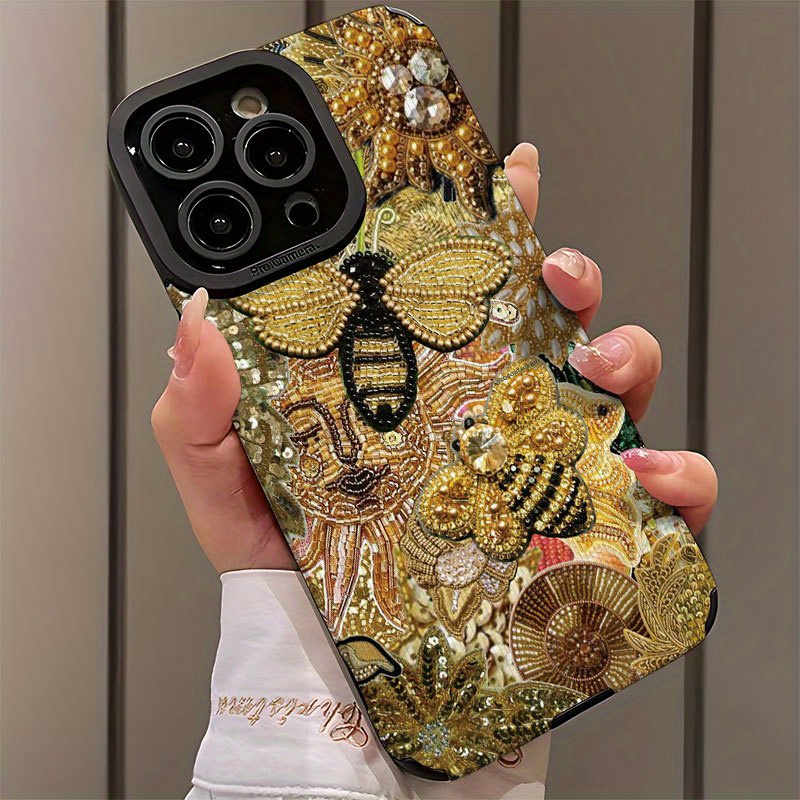Golden Bee Floral Pattern Personalized Phone Case for Iphone 16/Iphone 16 Pro/Iphone 16 Plus/Iphone 16 Pro Max/Iphone 15/15 Plus/15 Pro/15 Pro Max, Iphone 14/14 Plus/14 Pro/14 Pro Max, Iphone 13/13 Pro/13 Pro Max, Iphone 12/12 Pro/12 Pro Max, Iphone 11/11 Pro/11 Pro Max, Dirt-Resistant, Shockproof, And
