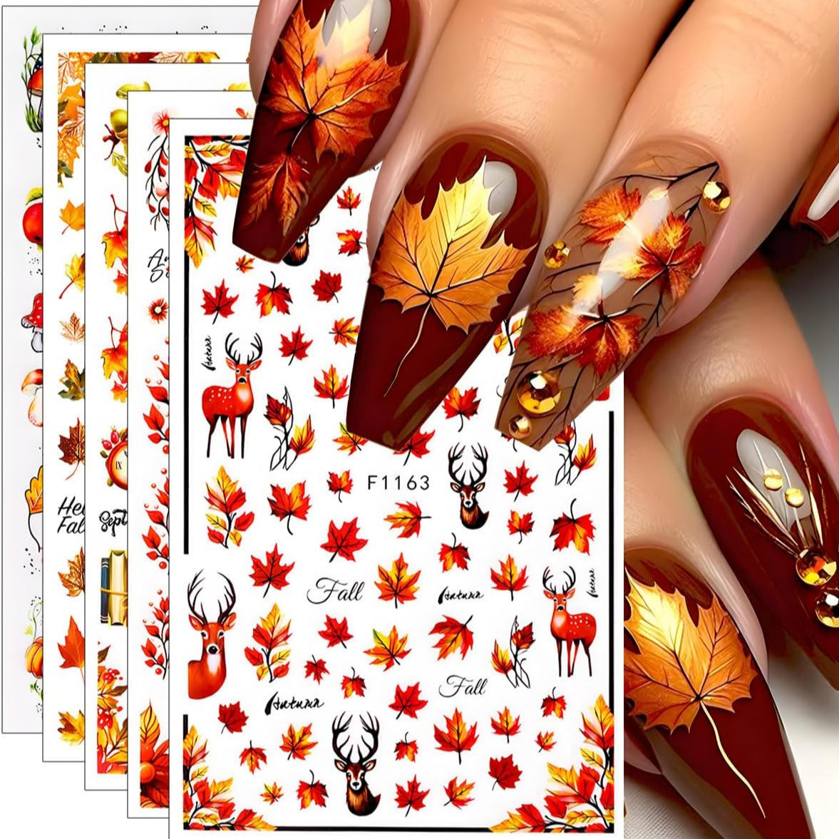 Image of 5 Sheets Fall Nail Art Stickers Pumpkin Self-adhesive Nail Decals Fall Leaves Mushroom Designs Nail Decorations Deer Diy Manicure Supplies For Women