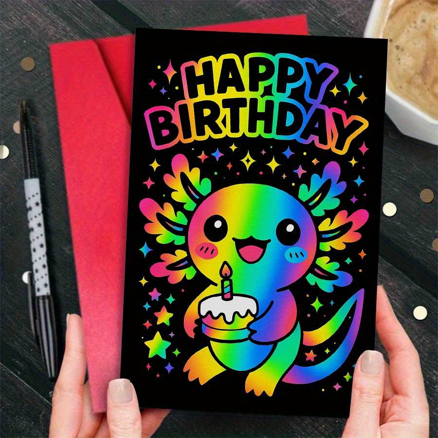 E-shop Eine einfarbige Geburtstagskarte mit einem niedlichen Axolotl und einem Kuchen, ideal zum Geburtstag von Freunden, Familie oder Kollegen feiern.