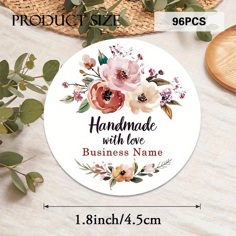 TEMU Custom 48/96pcs, "floral Handmade" Round Stickers, Personalizable Business Name, With Watercolor Flowers Design, Ideal For Product Packaging,