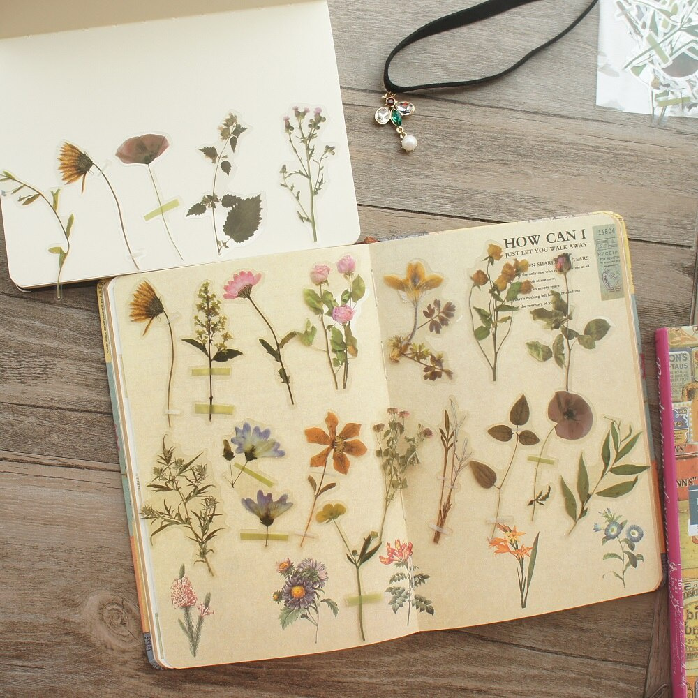 40pcs Natural Stickers Suitable For Scrapbooking, Diy Crafts, Gift Tags & Journals - Irregular Flower Shapes With Glittering, Plastic Sticker Sheets (no Required)