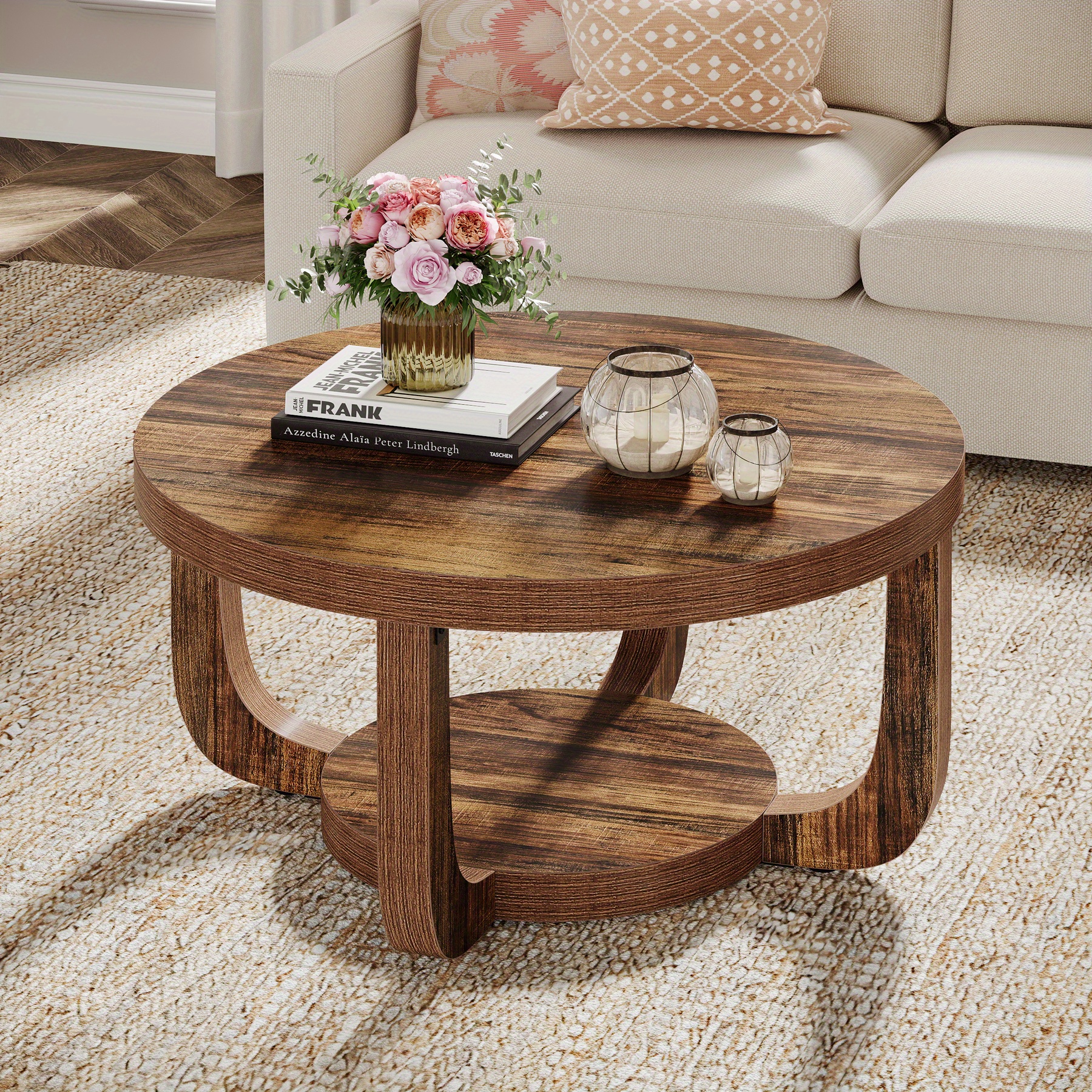 Round Coffee Table With 2-tier Storage Shelf - Modern Space- Thick Tabletop & Base, Wood Suitable For Living Room, Rustic Brown Suitable For Small Spaces, Assembly Center Table For Décor