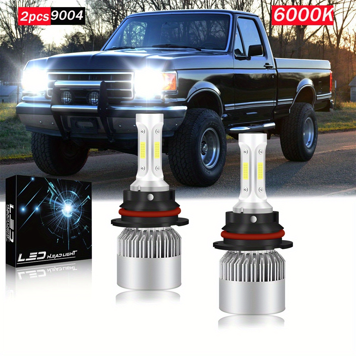 TEMU For Ford F150 F350 1987-1991, Led Headlight Bulbs, 9004 High/low Beam, Super Strong 3 Piece Cob Chip, 6000k White Light, Fan Cooling, Car Accessories, 2pcs