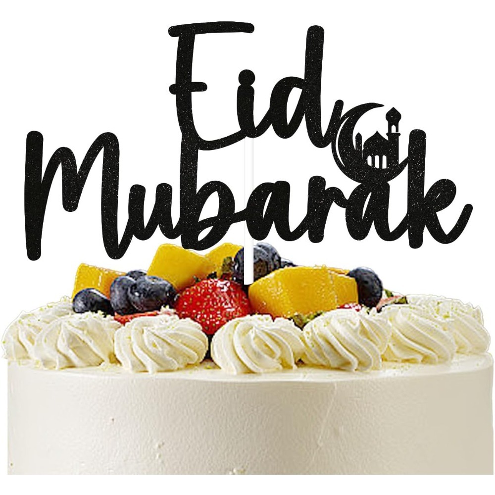 Image of 1pc Cake Topper - Happy Eid Islam Party Decor, Kareem Mubarak Festival Party Decorations Black Glitter