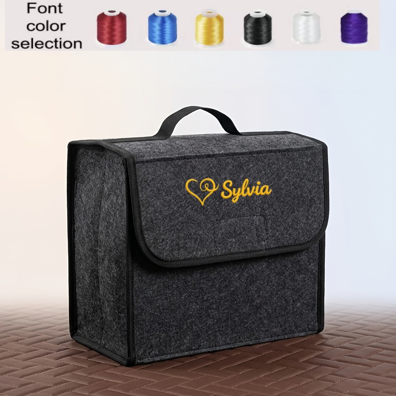 TEMU Custom 1pc Embroidered Personalized Felt Car Organizer, Portable Foldable Storage Box With Customizable Text, Equipped With A Sturdy Handle.